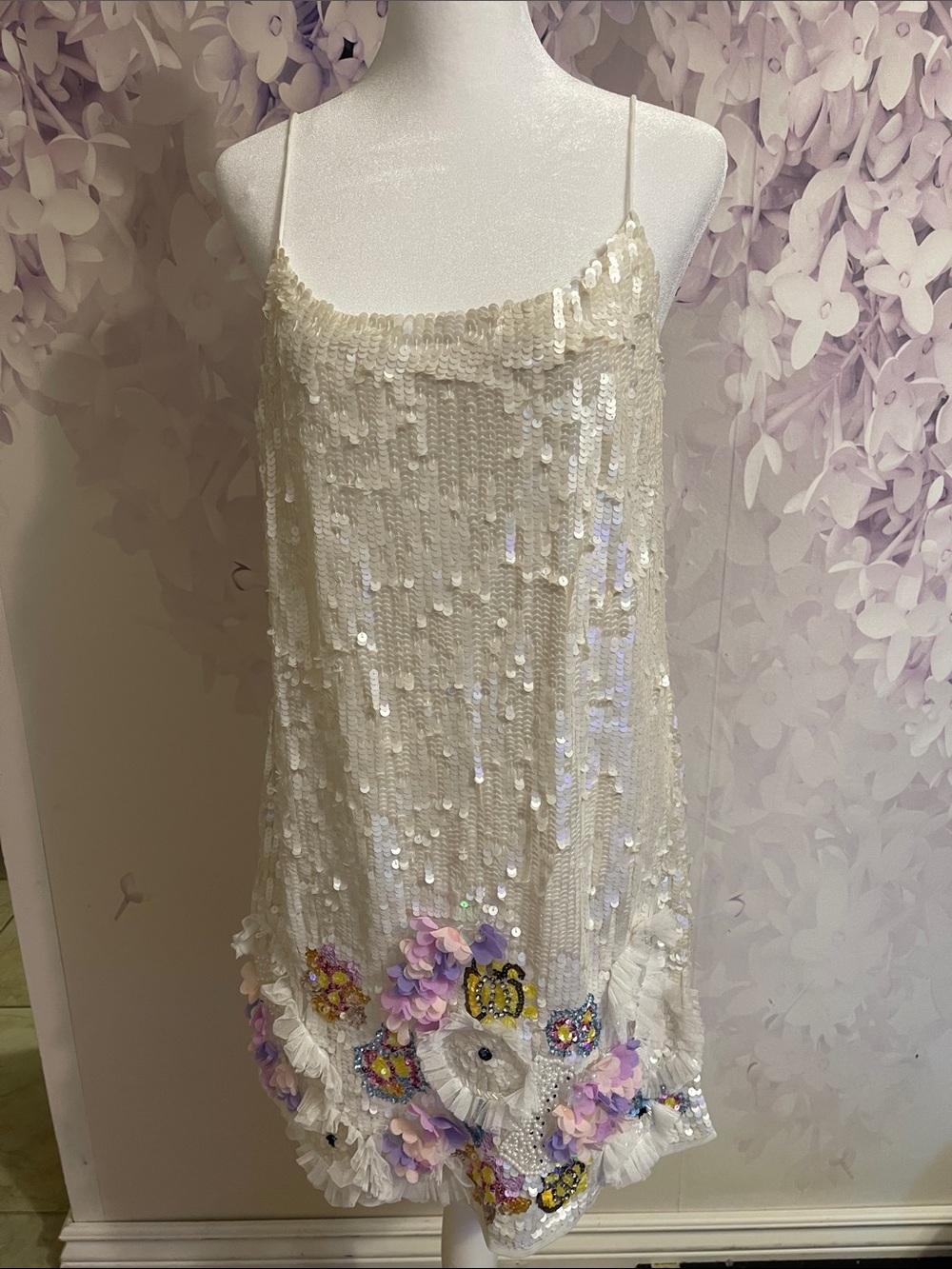 Mac Duggar white sequin slip dress with floral application size 8